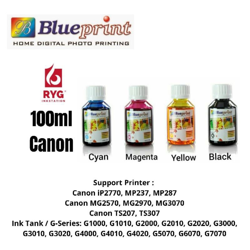 

Paket 1 Set ( 4 Warna ) Tinta Blueprint Canon 100ml ORIGINAL Untuk Canon IP2770 MP287 MG2570 G2010