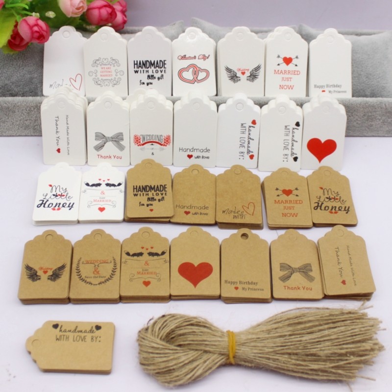 

100pcs+100string 3x5cm white/kraft paper. Thank you for handcrafting the label hang tag