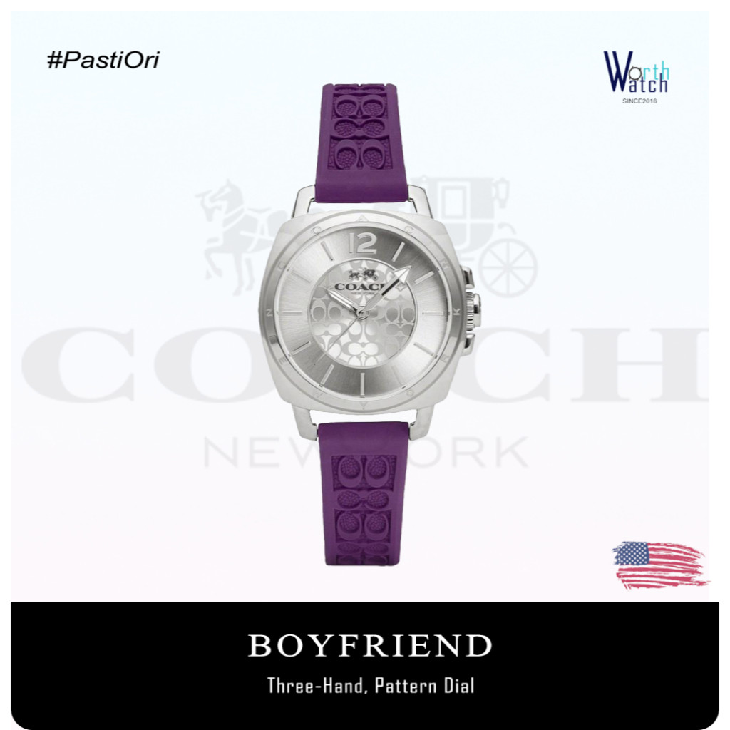 Jam Tangan Wanita Coach Boyfriend Silver Dial Purple Silicone Rubber Strap Original BNIB