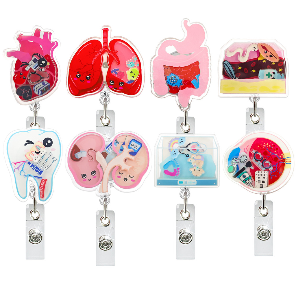 

2025 New Design 1 Piece Shaker Acrylic Retractable Nurse Badge Reel Anime Heart Lung Teeth Doctor Name Tag ID Card Holder Clip