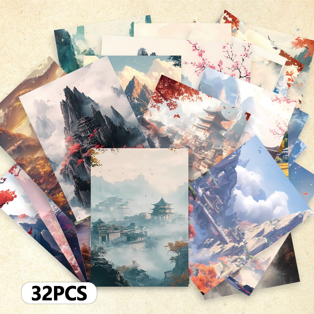 

32 pieces, Chinese ink-wash painting postcards, ancient buildings and landscape paintings, mailing cards, festival cards