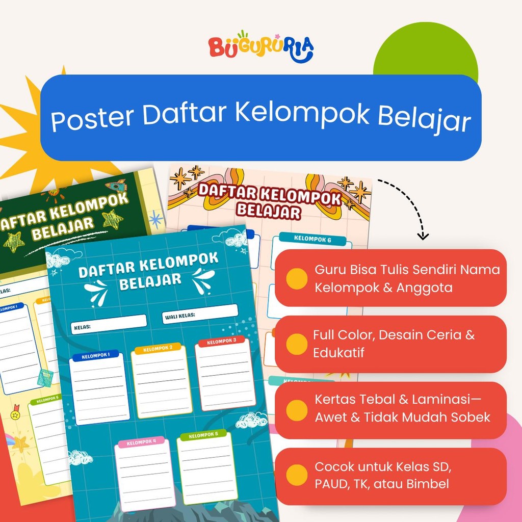 

Bu Guru Ria - Poster Daftar Kelompok Belajar—Bisa Tulis Ulang, Full Color, & Awet! | Dekorasi Kelas & Sekolah | A3+ 310gsm Laminasi Glossy
