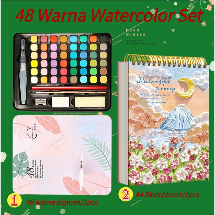 

48 Warna Watercolor Set (Set 2 buah termasuk kuas dan Sketchbook) Melukis Alat Lukis solid