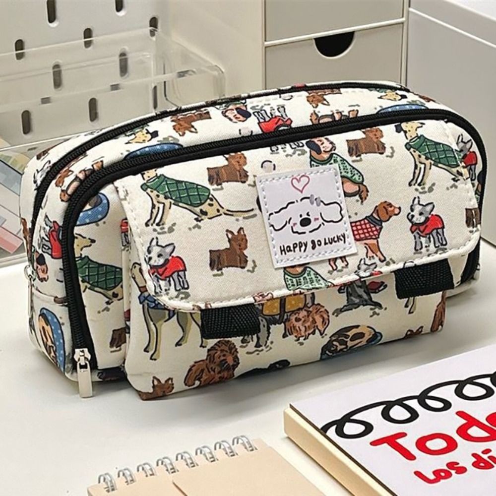 

Portable Canvas Pen Bag Cute Cat Flip Cover Pencil Case Large Capacity Retro Puppy Pen Box Student