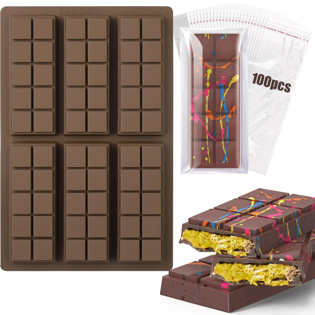 

6-hole chocolate bar mold, thick chocolate bar mold silicone filled Knafeh Pistachio chocolate bar (10 Snaps)and (100pcsbags)