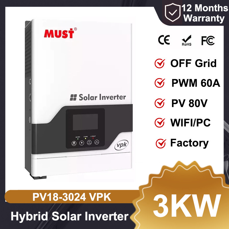 MUST PV1800 VPK 3KW 24V Home Hybrid Solar Inverter 60A Charge Controller High Frequency Small Off Gr