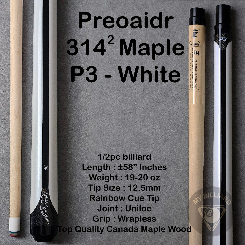 Stick Billiard Preoaidr P3 White 314 Stick Billiard Maple Cue Stick - 3142 Preoaidr Putih Cue Stik B