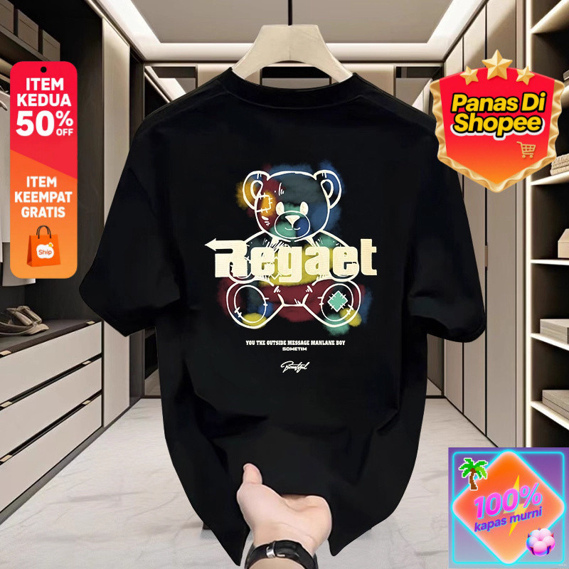Trend Cetak Beruang Sprey Kaos T - Shirt Pendek Pria Kasual Katun, Modis dan Unik