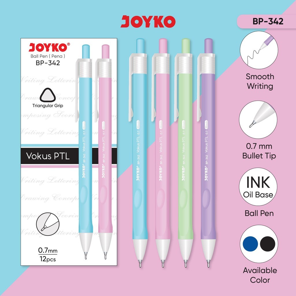 

PULPEN JOYKO VOKUS PASTEL BP-342 [1 PACK/12 PCS] / ALAT TULIS SEKOLAH/ BULPEN / BOLPOIN BALLPOINT PENA TINTA HITAM 1 LUSIN