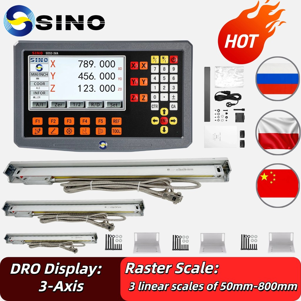 

SINO 3 Axis LCD DRO Digital Readout Kit with 3pcs DRO Linear Scale Grating Glass Ruler for Milling Lathe Tool SDS2-3VA