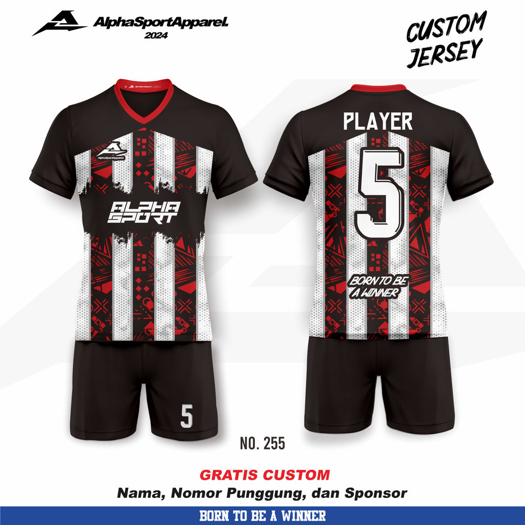 Jersey  Bola Futsal Voli Badminton 255 Motif Mystic Moonlight Hitam Merah Gratis Custom Logo Nama No