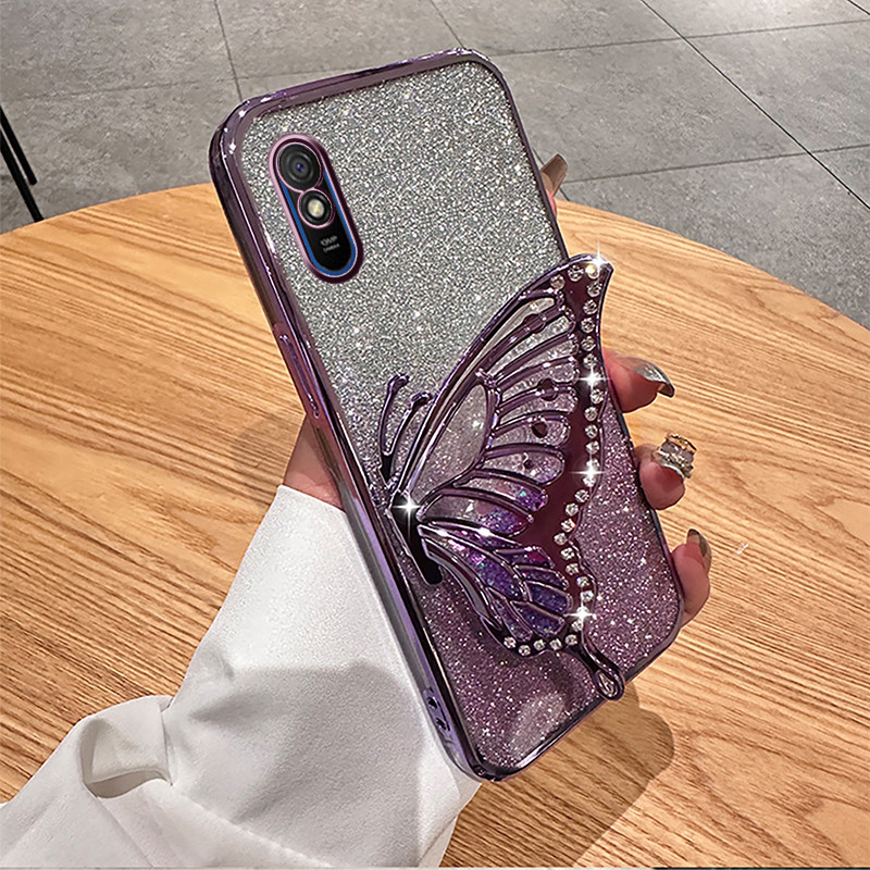 Casing HP Xiaomi Redmi 9 9A 9C 9T 9 Power berlian mengkilap Cairan Bening Berdiri kupu-kupu braket s