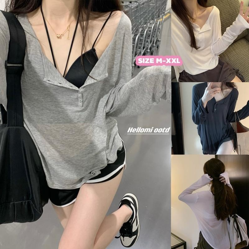 Kaos Lengan Panjang Seksi untuk Wanita Kerah V Tipis dengan Kancing Musim Panas Longgar Gaya Busana 