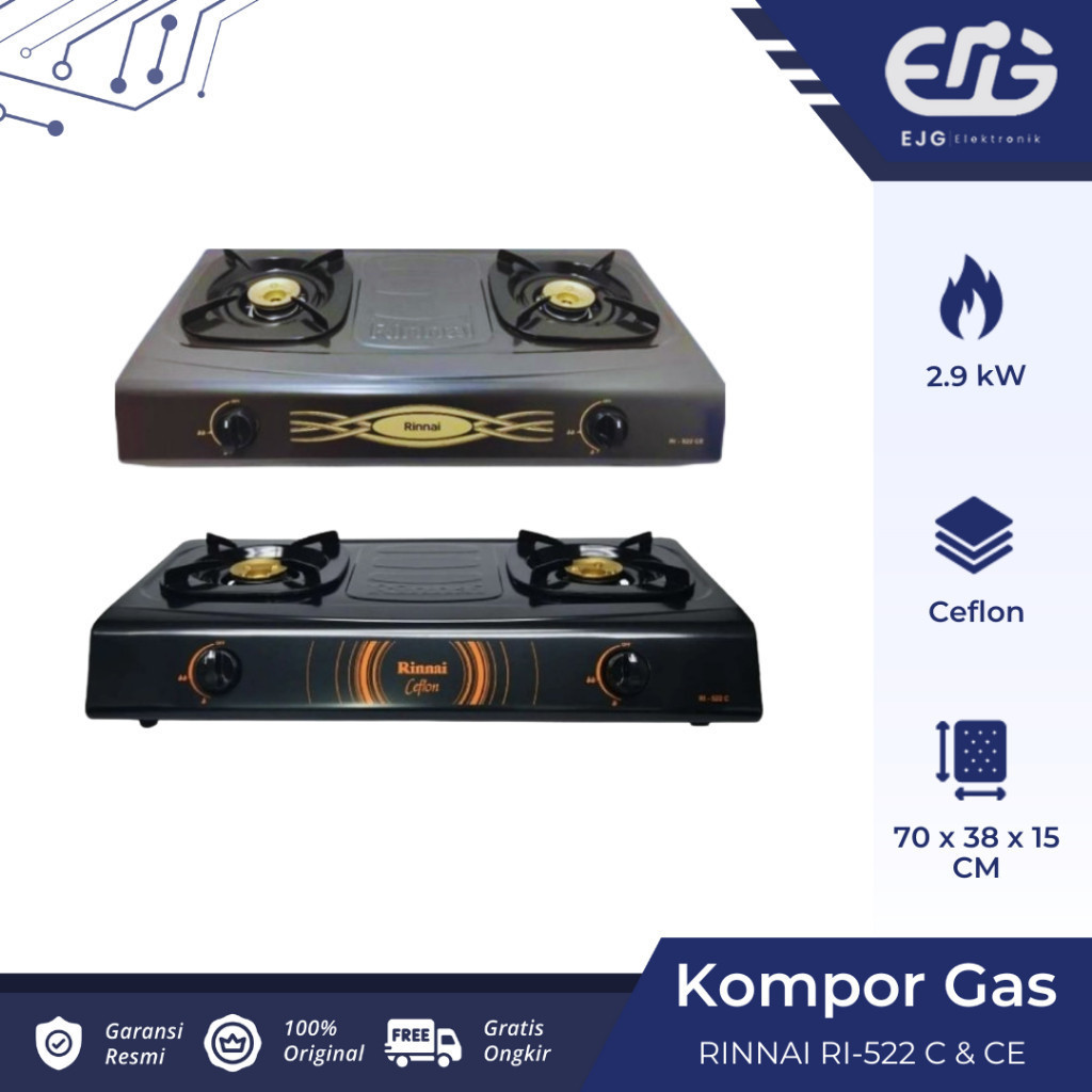 Rinnai Kompor Gas RI 522 C & RI 522 CE / 2 Tungku / Ceflon RI522C & RI522CE