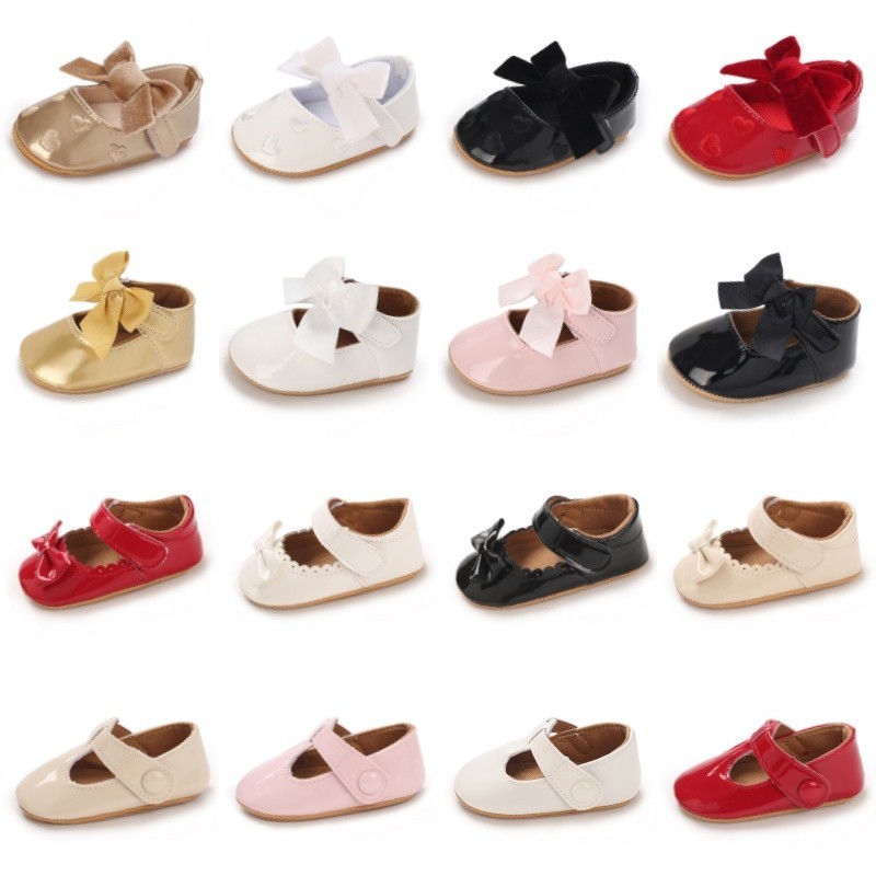 0-18M Newborn Baby Shoes Girl Princess Shoes Girl Classic Bow Rubber Sole Anti slip PU Dress Shoes F