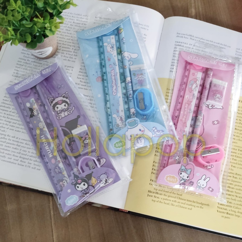 

HOP Set Stationary Stationery POUCH Penggaris Pensil Serutan Kuromi Cinnamoroll My Melody 6 in 1