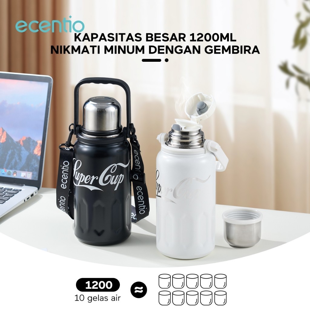 ECENTIO White Termos Air Panas 1.2 Liter Portable Tumbler Stainless Tahan Panas 24 jam Botol Minum d