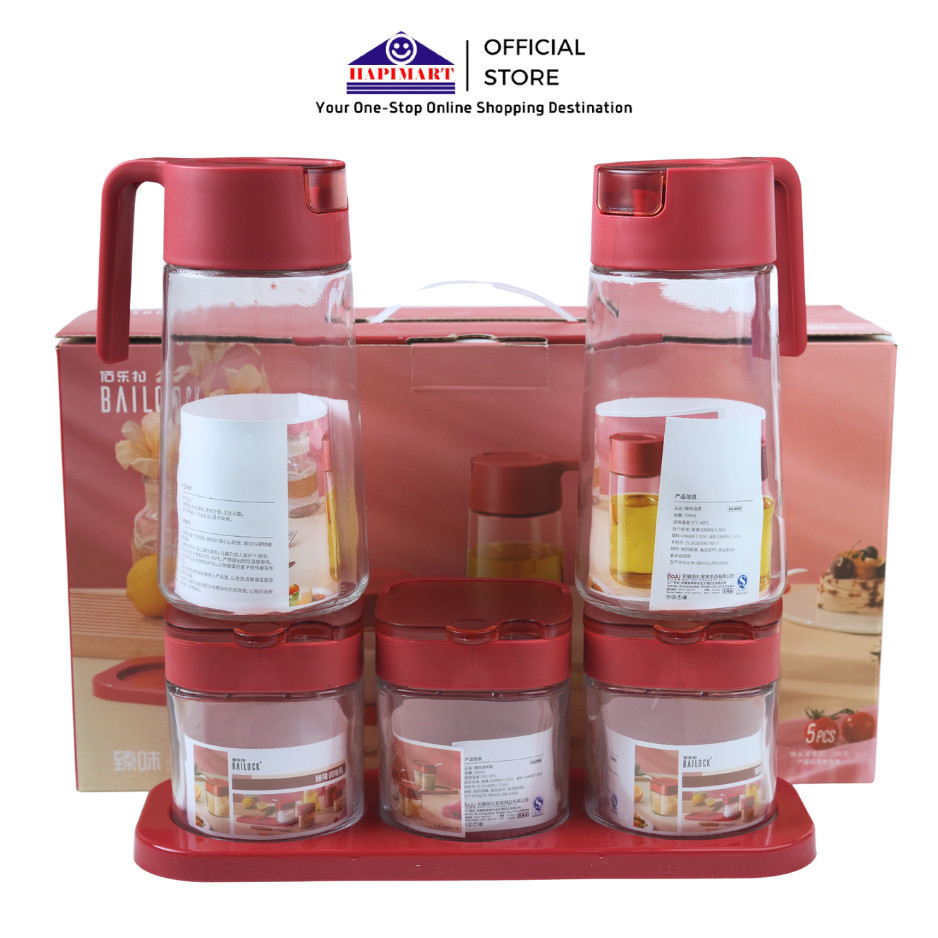 5 In 1 Botol Minyak Dengan Toples Bumbu Dapur Bahan Kaca Tebal/Set 2 Botrol Minyak Kaca & Set 3 Topl