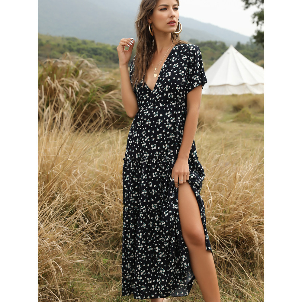 PREORDER 2022 New Spring Women's Bohemian Ruffled Floral Printed Dress Sexy Boho Style Deep V-neck L