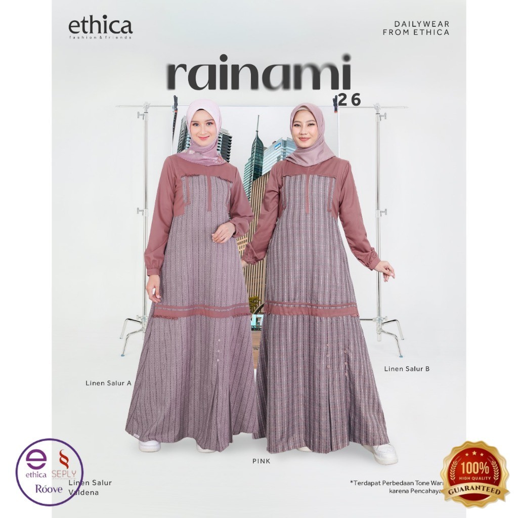 Ethica Rainami 26 Blue Pink Cream Linen Salur Valdena Gamis Tali Pinggang Motif Garis Garis Polos