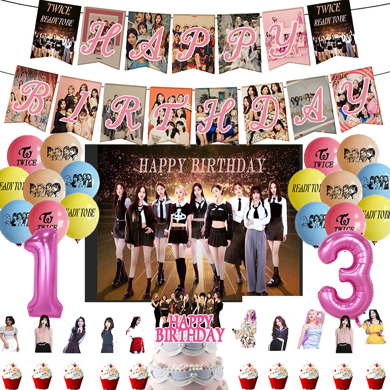 Singing Star KPOP Twice Birthday Party Decoration Latex Balioon Banner Cake Topper Bady Shower
