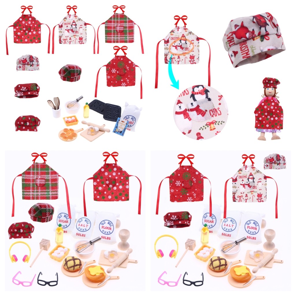 

Dollhouse Miniature Christmas Elf Cooking Baking Set Chef Hat Mini Apron Clothing Rolling Pin Egg Beater Baking Sheets Cook Tray