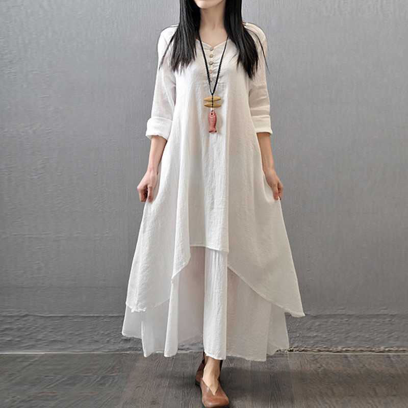 2024 Spring And Autumn New Commuting Fashion Long Skirt Large Hem Linen Dress Loose Casual Long Slee