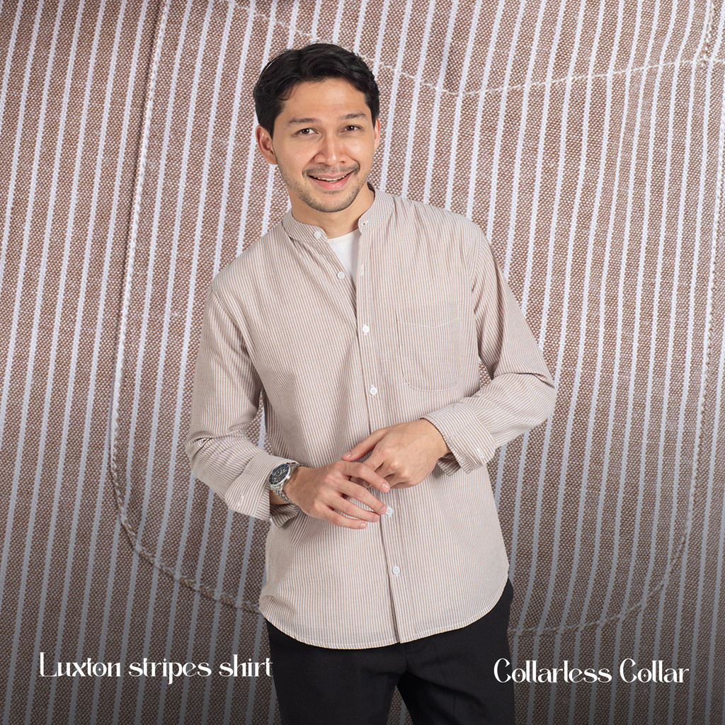 Kemeja Koko Garis Pria WOODCUTTER Collarless Luxton Stripes Kerah Shanghai - Brown Coklat Panjang