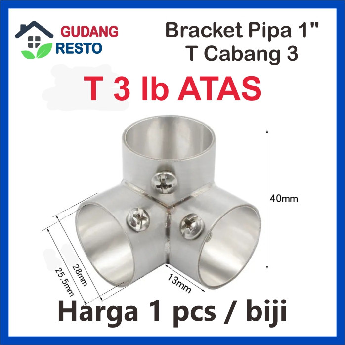 Bracket Pipa Bulat Besi 25 mm Gorden Lemari Baju Tirai Sok Konektor Join Sambungan T Cabang 3 lubang