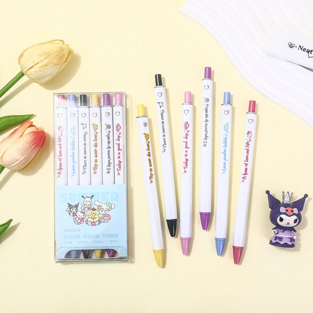 

TERFAVORITE! 1 SET 6 PCS PULPEN GEL 0,5 MM MEKANIK MOTIF WHITE COATED POSITIVITY TINTA HITAM