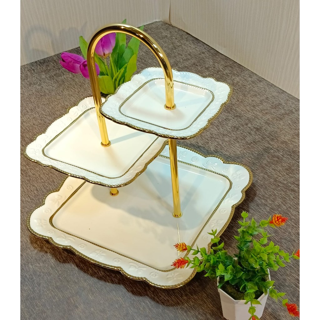 Tempat Kue / Piring Kue Persegi Susun 3 model B