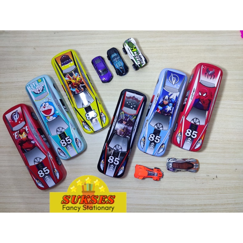 

Pencil case tepak kaleng mobil single, 2 susun karakter ironman doraemon transformer batman kapten amerika spiderman robot