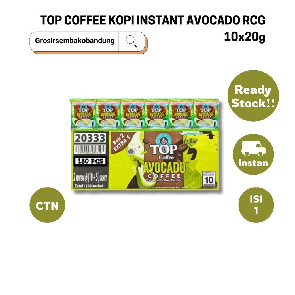

TOP COFFEE KOPI INSTANT AVOCADO RCG 10x20g - 1 Dus - Kota Bandung