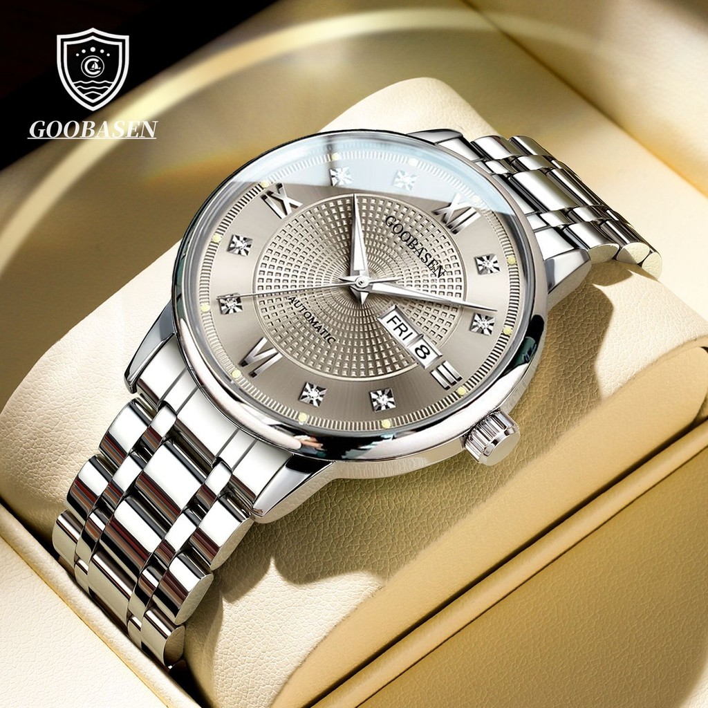 

Jam Tangan Pria Guberson Baru Berlapis Berlian Kalender Ganda Tahan Air Belakang Transparan Imitasi Jam Tangan Mekanik