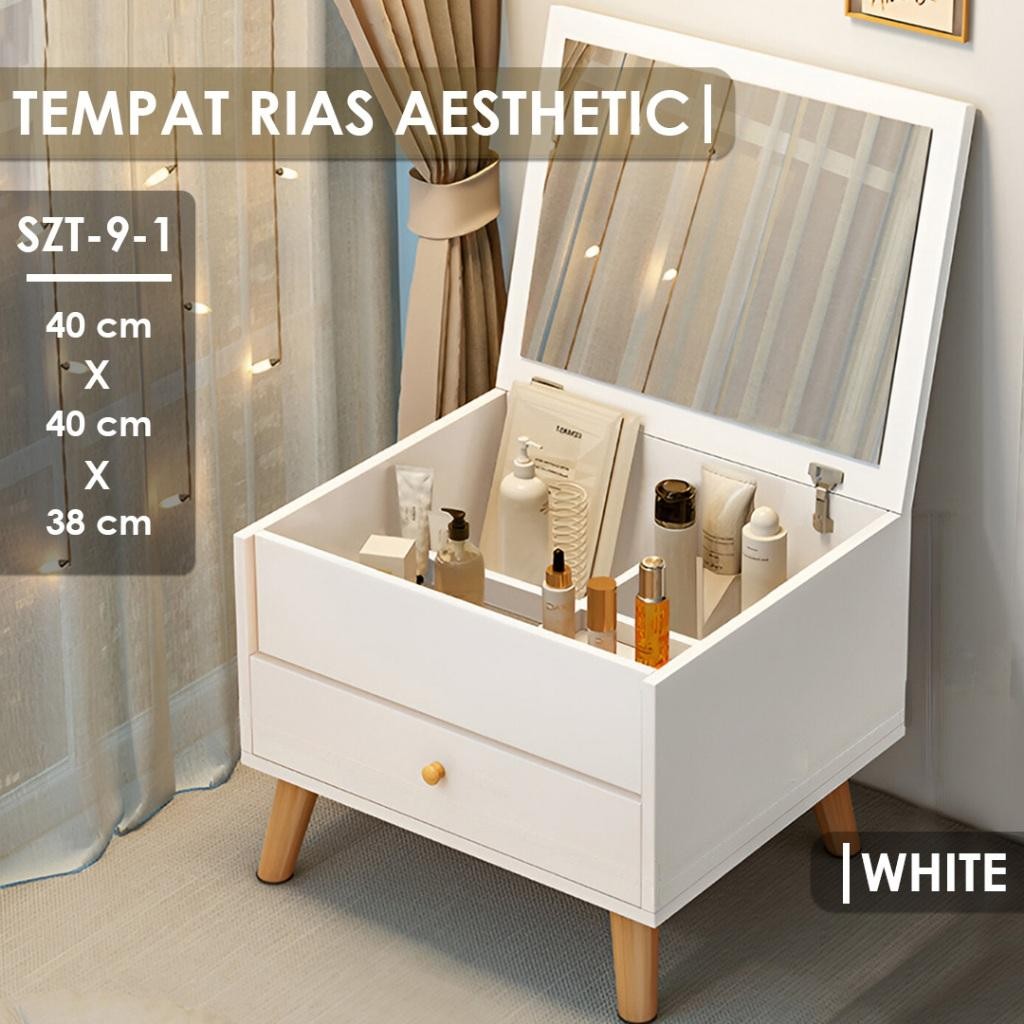 Meja Rias Mini Meja Cermin Kotak Meja Penyimpanan Skincare Laci Makeup Meja Rias