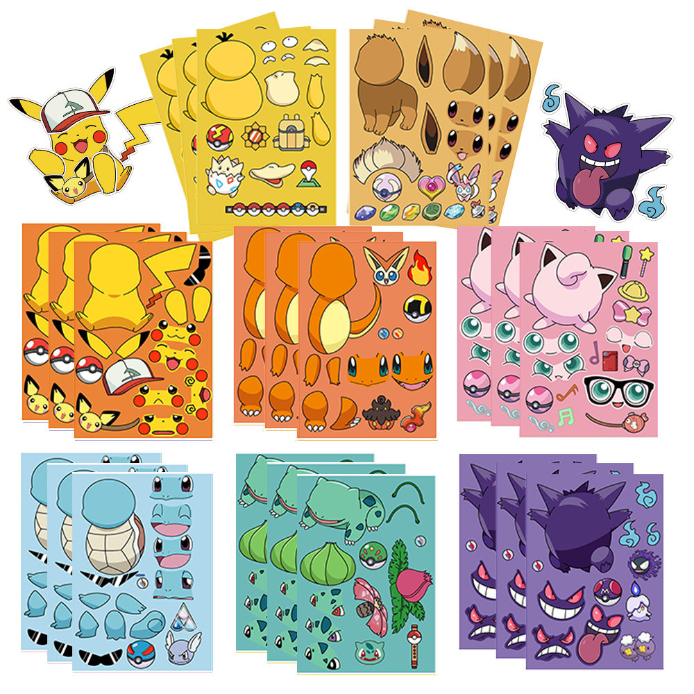 

8/16pcs Pokemon Toy Puzzle Stickers Cartoon Q Version Make a Face Stickers Handicrafts Waterproof Children Reward Stickers