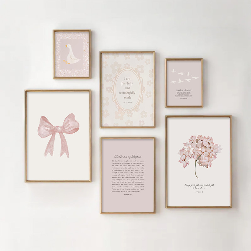 

Pink Boho Bow Field Garden Canvas Painting Christian Bible Scripture Art Poster Gallery Wall Girls Bedroom Furniture Wall Art