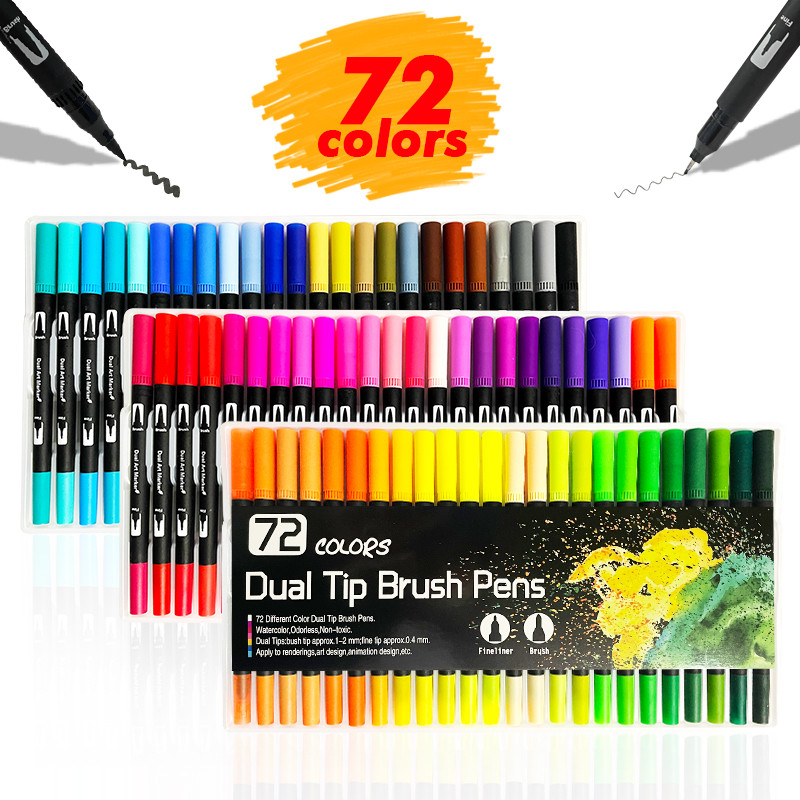 

24/48/60/100 Colors Dual Tips Marker Pen Washable Set Soft Fiber Brush Pen Fine Nib Art Drawing Supplies Stationery