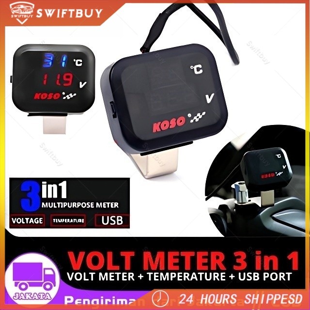 Voltmeter Koso 3 in 1 USB Charger Universal Semua Motor Anti Air Original Termometer DigitalJam Suhu