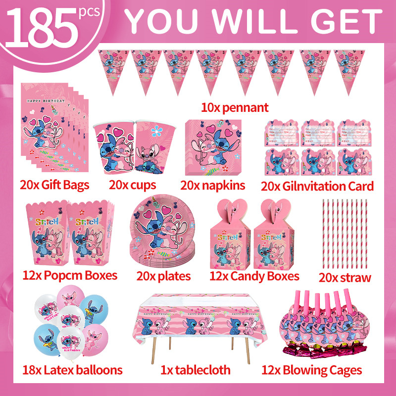 

Disney Stitch Birthday Party Decorations Pink Angel Set Cartoon Tableware Paper Napkins Plates Cups Kids Happy Birthday Supplies