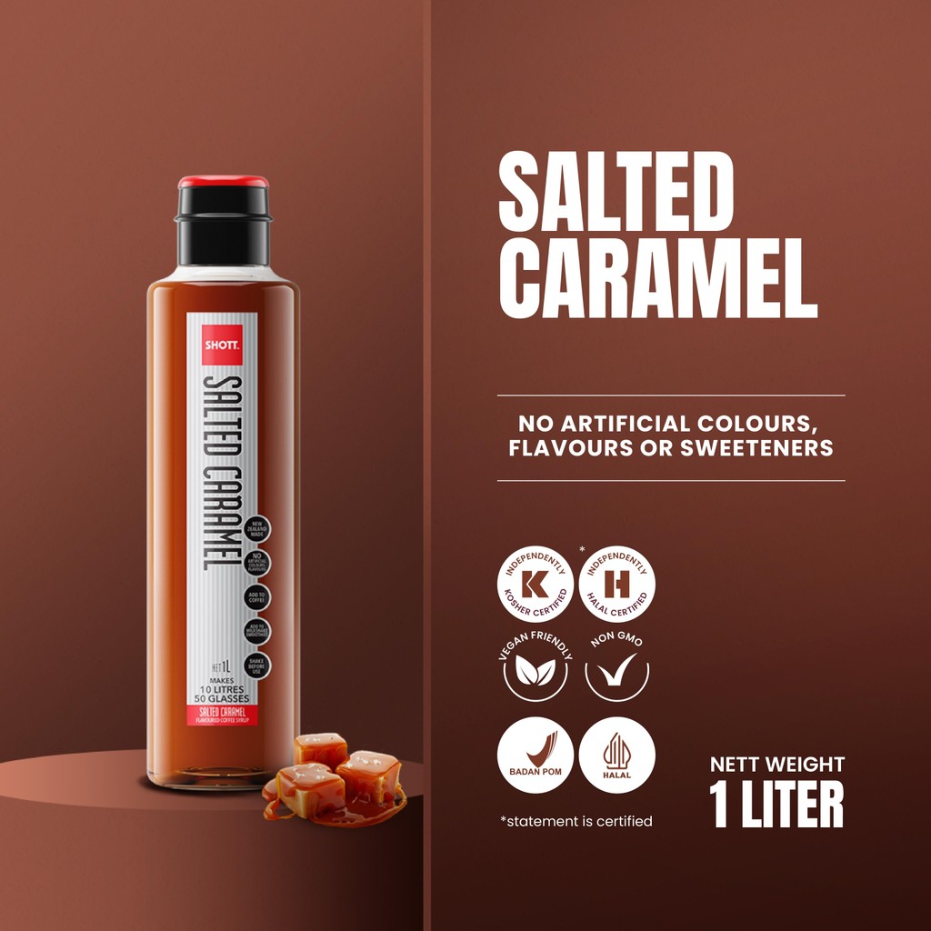 

Sirup Rasa Salted Caramel Merk SHOTT 1000mL - Karamel Dikit Asin