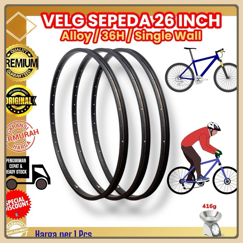 ( ALUMINIUM VELG 26 INCH / 36H / SINGLE WALL ) Rim Rims Velg Roda 26inc Sepeda Lubang 36 H Mtb