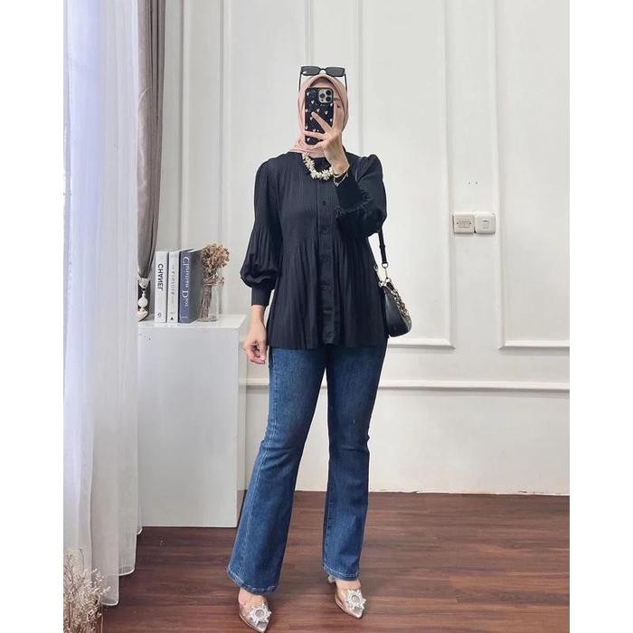 "S.LN.S" - PASTI READY Kemeja Plisket Wanita Premium Pleats Blouse Tisya - HITAM