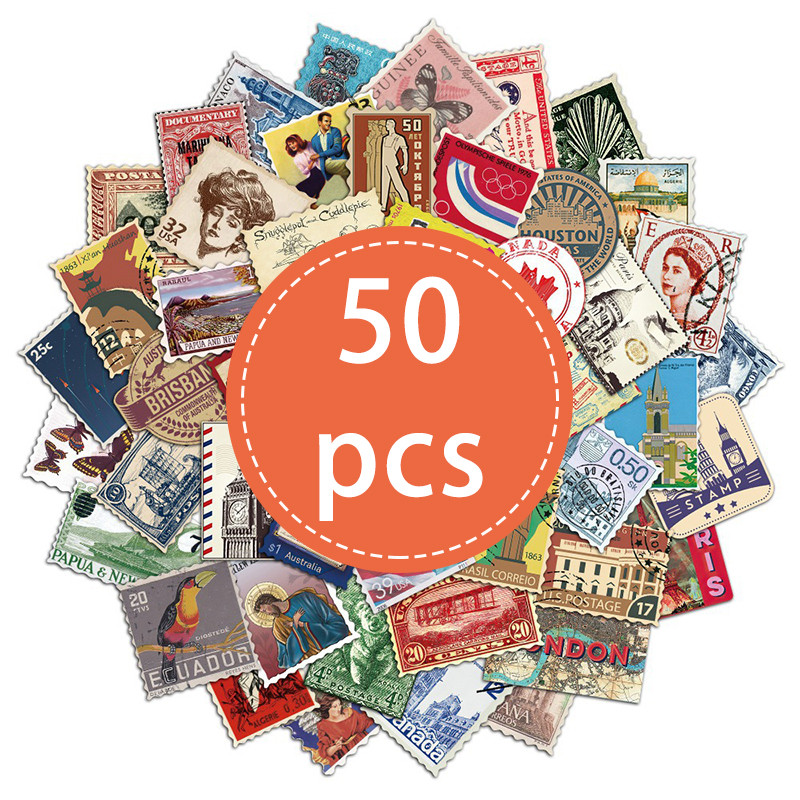 

50PCS Retro Travel Stamp Sticker Collection Graffiti Decals Pack DIY Scrapbook Phone Laptop Guitar Stationery Kids Classic Toy