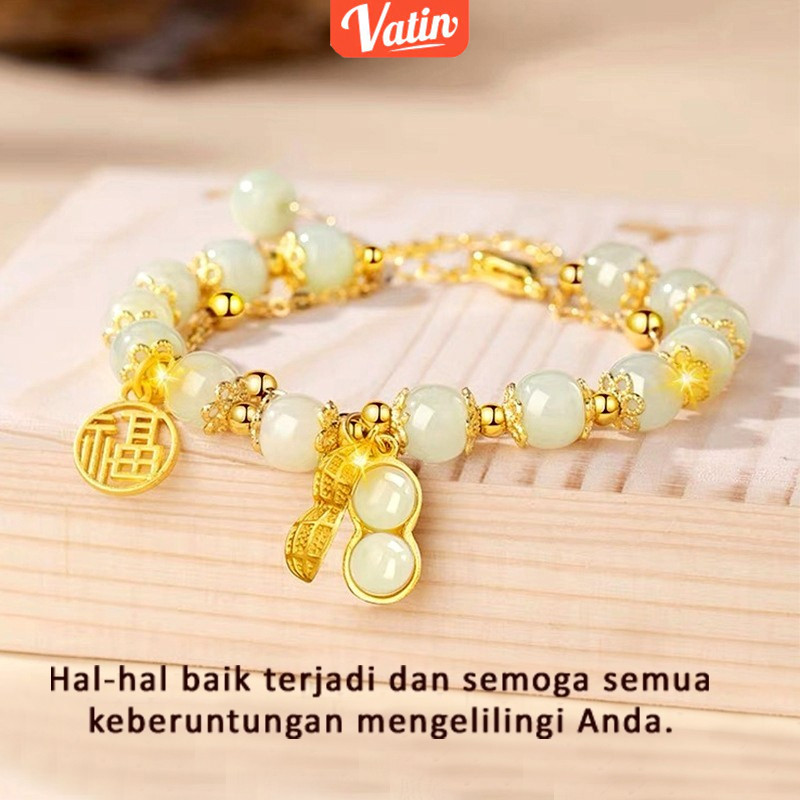 Gelang Giok Keberuntungan Kristal Gaya China retro Manik-manik Batu Gelang Kacang Hijau Merah