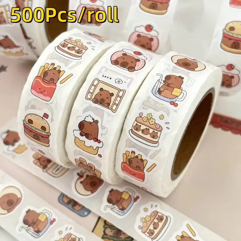 

500Pcs Capybara Stickers Roll Waterproof PVC Self-Adhesive Decals Cute Animal & Food-Themed Perfect for Laptops Scrapbook Phones