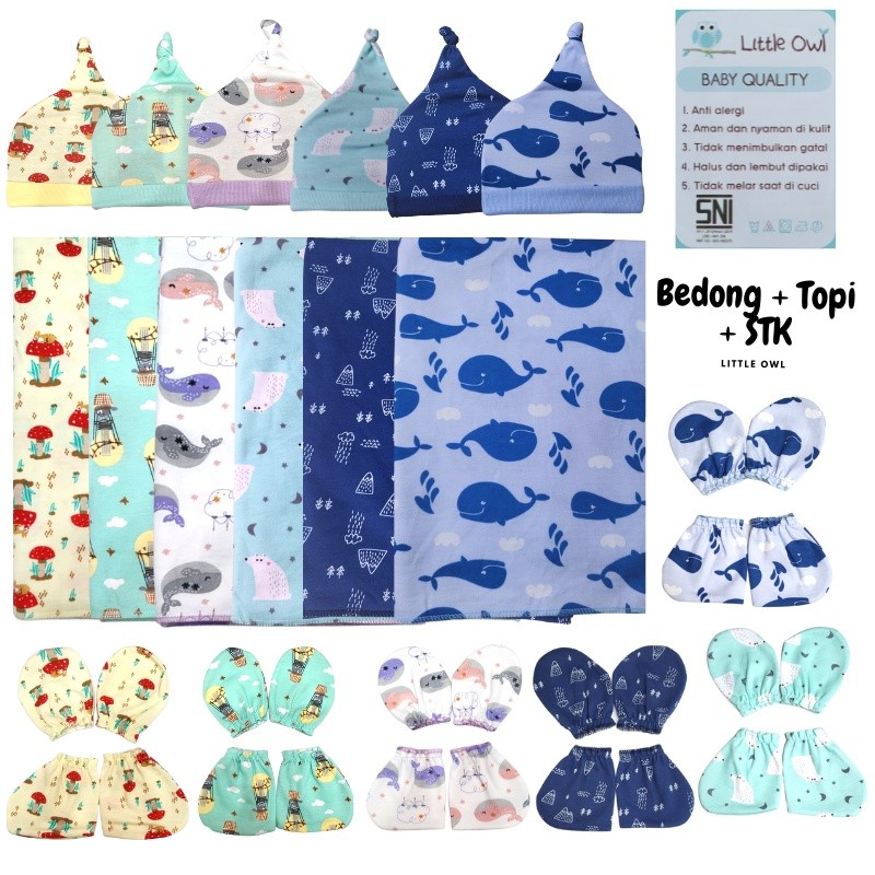 LITTLE OWL Set Bedong Bayi Topi Motif  SNI Bedong Topi Sarung Tangan Kaki STK Baby PREMIUM GIFT SET