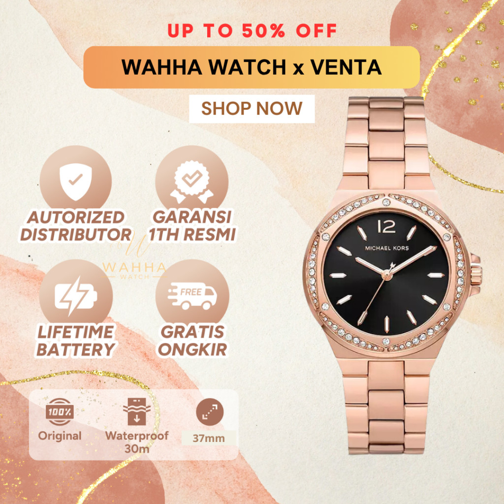 Jam Tangan Wanita  Lennox MK7233 Black Dial Rose Gold Stainless Steel Strap [BERGARANSI]