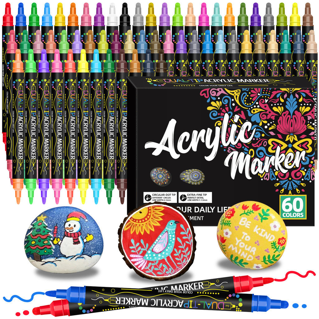 

24/36/48/60 Colors Dual Tip Acrylic Paint Pens Markers, Brush and Dot Tips, Professional Art Supplies Kit