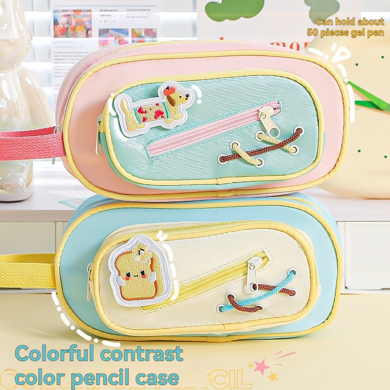 

Cute Style High - Value Puff Pasted Hand - Held Pencil Case With Large Capacity Color Blocking And Multi Functional Statione
